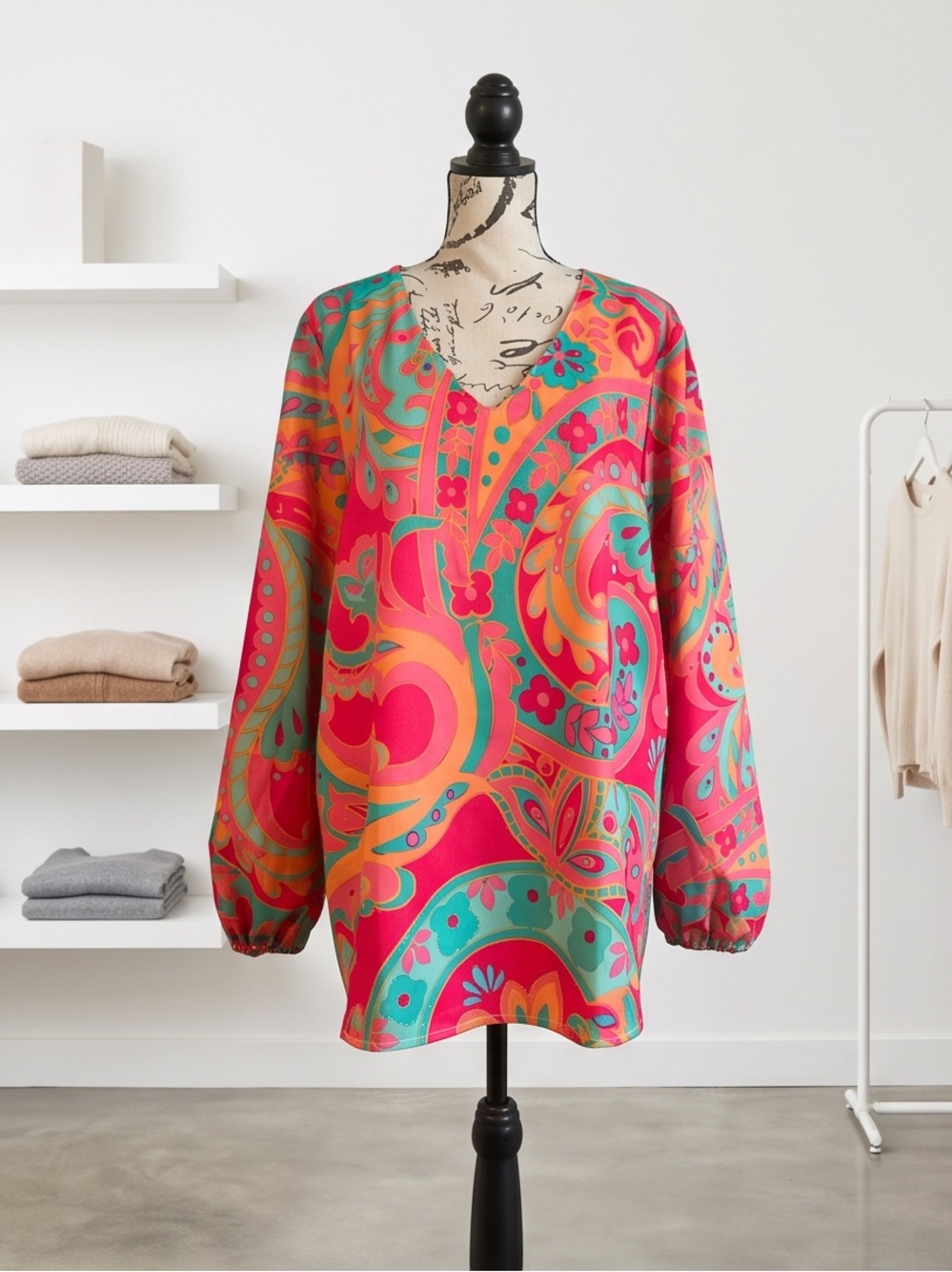 Paisley V-Neck Long Sleeve Tunic in Hot Pink